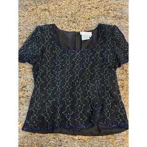 Vintage Papell Boutique Black Silk Beaded Top Blouse‎ Size S Iridescent Fairy
